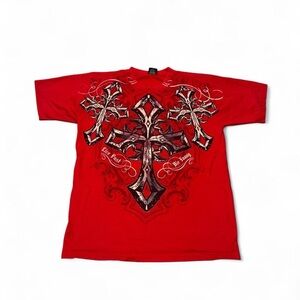 Y2K VTG Affliction style cross AOP tee red size L mens archaic by affliction